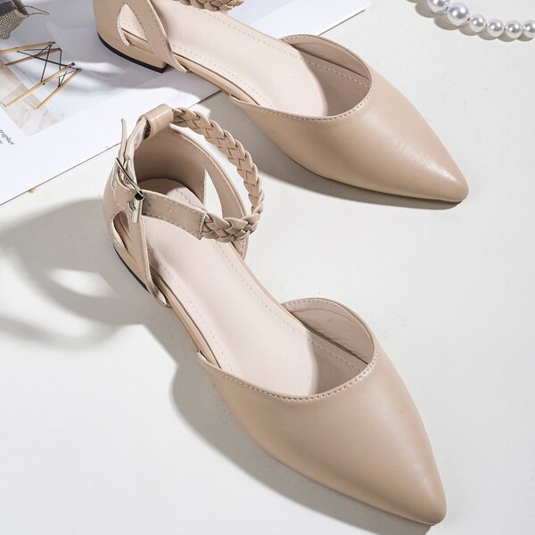 

Point Toe Ankle Strap Flats, Beige