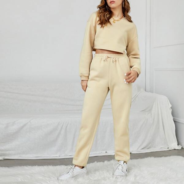 

Drop Shoulder Sweatshirt & Drawstring Waist Sweatpants, Beige