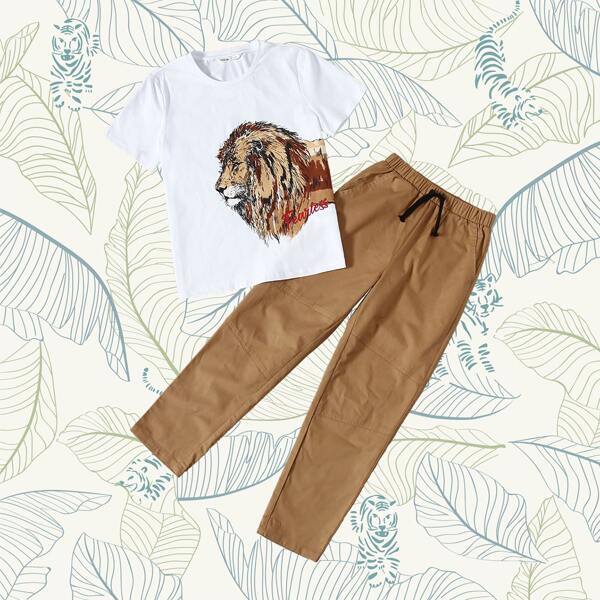 

Boys Letter & Lion Print Tee and Slant Pocket Pants Set, Multicolor