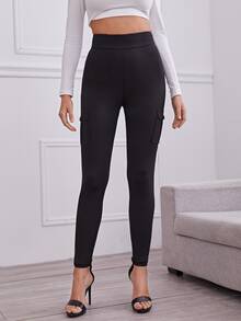 Solid Flap Pocket Leggings - Black - View 2
