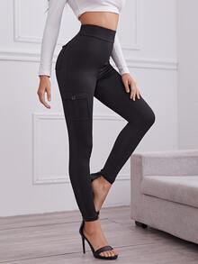 Solid Flap Pocket Leggings - Black - View 4