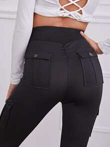Solid Flap Pocket Leggings - Black - View 6