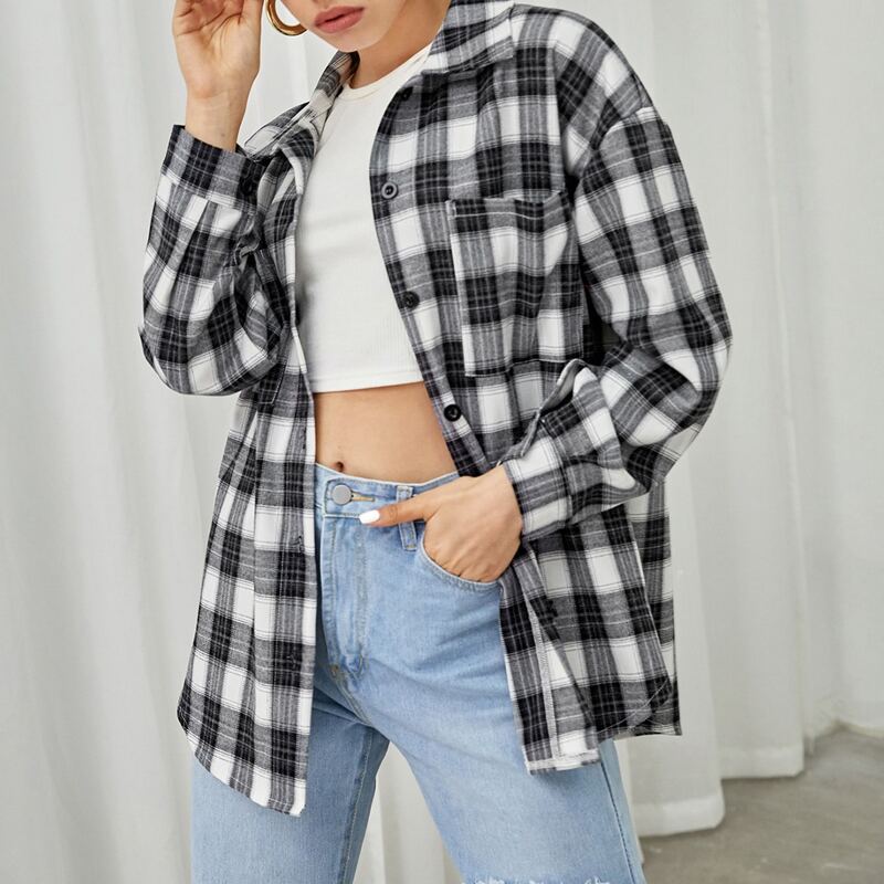 

Plaid Button Through Drop Shoulder Overshirt, Black and white