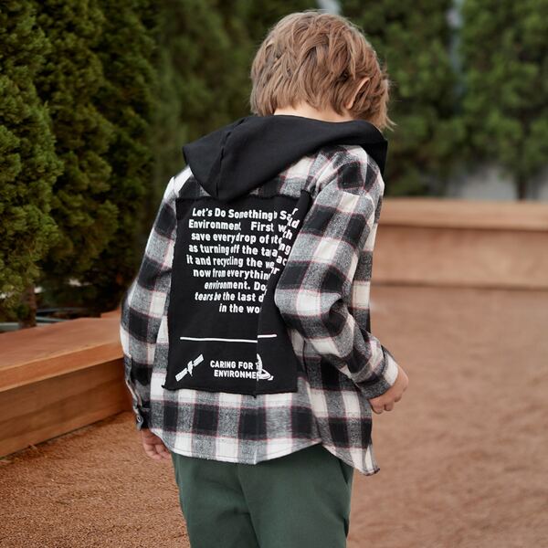 

Boys Slogan Graphic Gingham Hooded Shirt, Black and white