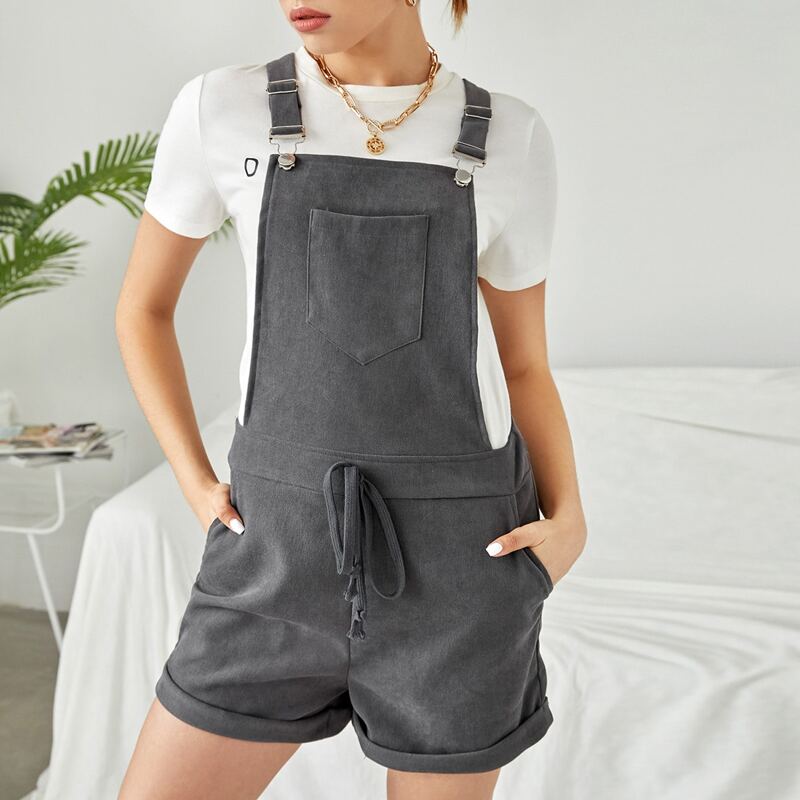 

Solid Pocket Knot Front Suspender Romper, Dark grey