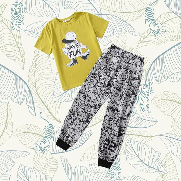 

Boys Letter & Cartoon Graphic Tee and Tie Dye Sweatpants Set, Multicolor