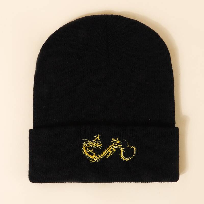 

Dragon Embroidery Knit Beanie, Black