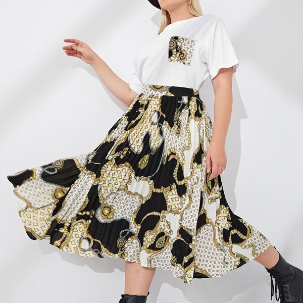 

Plus Chain Print Pocket Front Tee & Skirt Without Bag, Multicolor