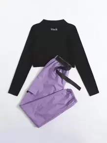 SHEIN LUNE 字母圖案短版T恤和織帶圈工裝褲子 - 彩色 - 查看 5