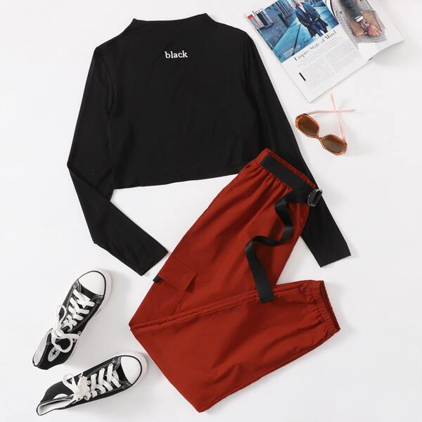 

Letter Graphic Crop Tee & Tape Ring Cargo Pants, Multicolor