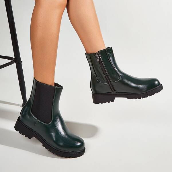 

Round Toe Zipper Side Chelsea Boots, Green