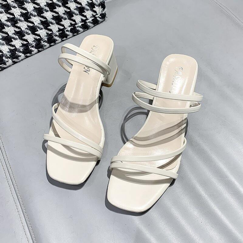 

Solid Chunky Heeled Slide Sandals, Beige