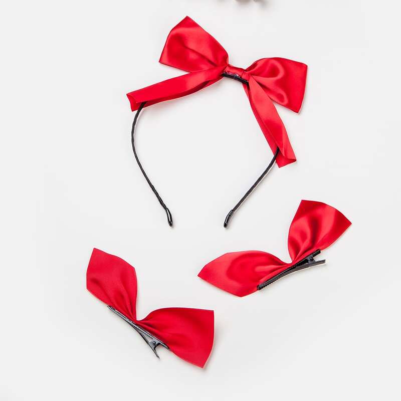 

Bow Decor Headband & 2pcs Hair Clip, Red