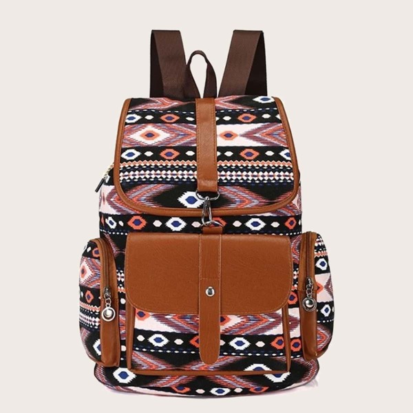 

Geometric Graphic Pocket Front Flap Backpack, Multicolor