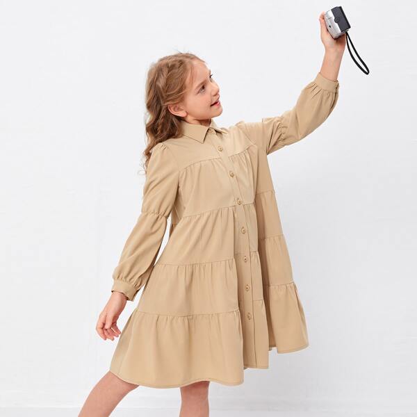

Girls Gathered Sleeve Smock Dress, Khaki