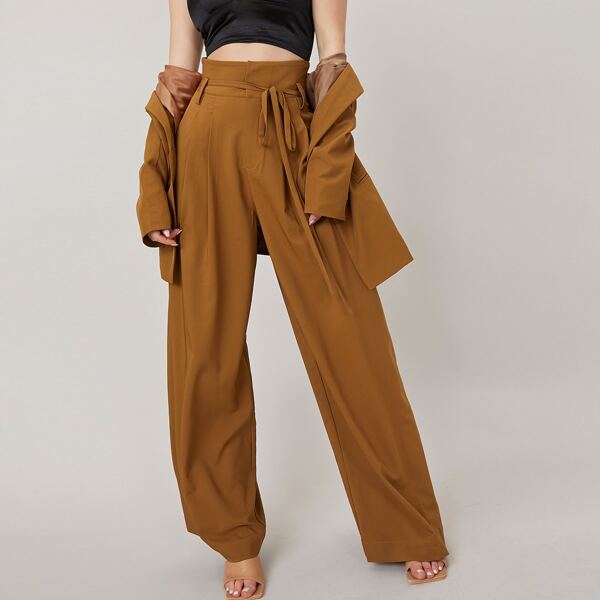 

Wide Leg Solid Belted Pants, Brown