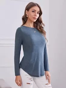SHEIN LUNE Áo thun Nút màu trơn Giải trí - Màu xanh bụi bặm - Xem 4