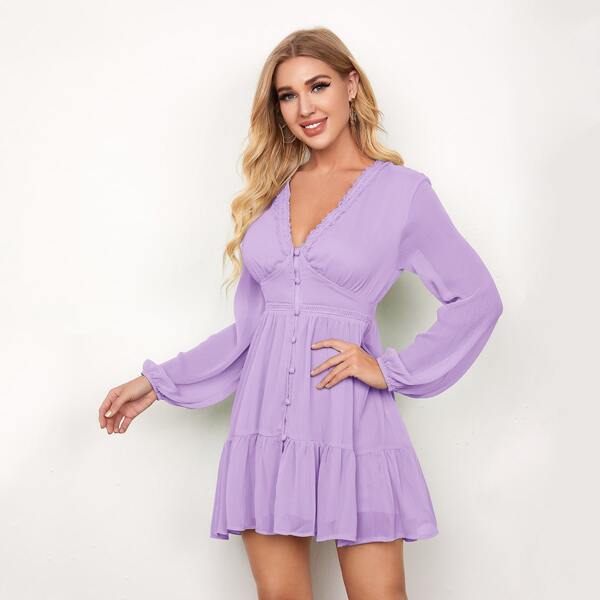 

Guipure Lace Trim Button Front Ruffle Hem Dress, Pastel lilac purple