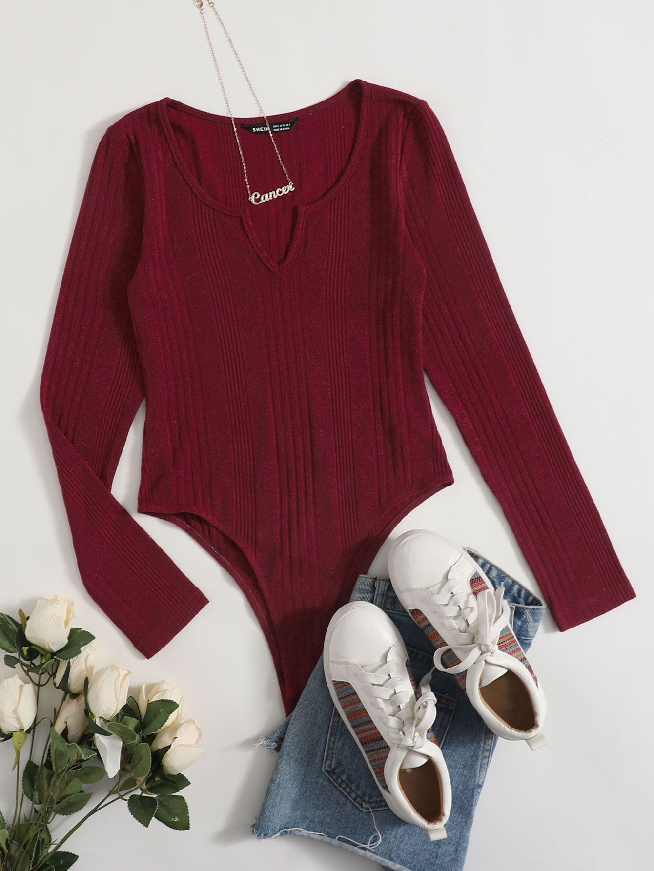 Notched Neck Rib-knit Bodysuit thumbnail