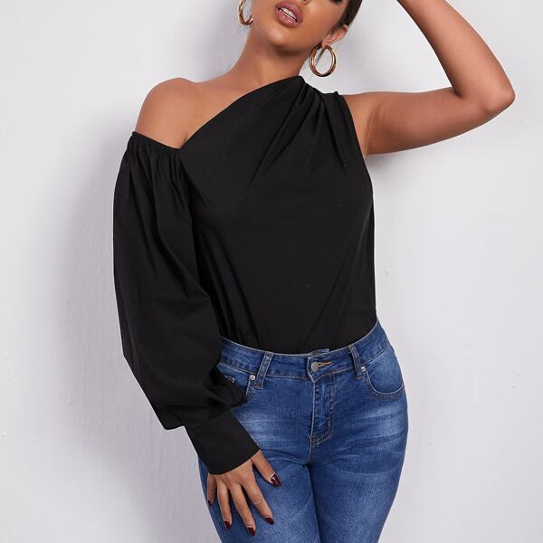 

Asymmetrical Neck Lantern Sleeve Top, Black