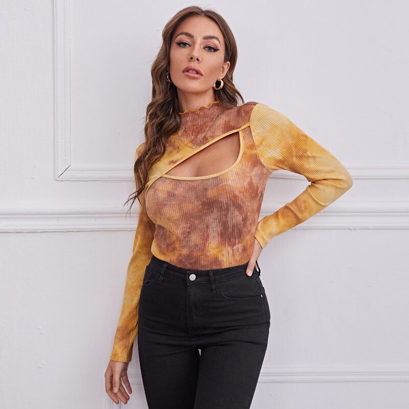 

Tie Dye Lettuce Trim Cut Out Detail Tee, Multicolor