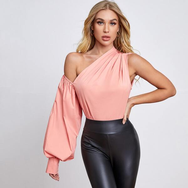 

Asymmetrical Neck Lantern Sleeve Top, Coral pink