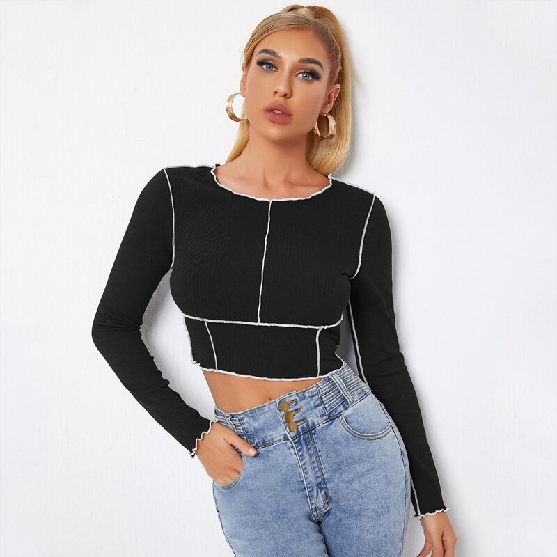 

Lettuce Trim Rib-knit Crop Top, Black