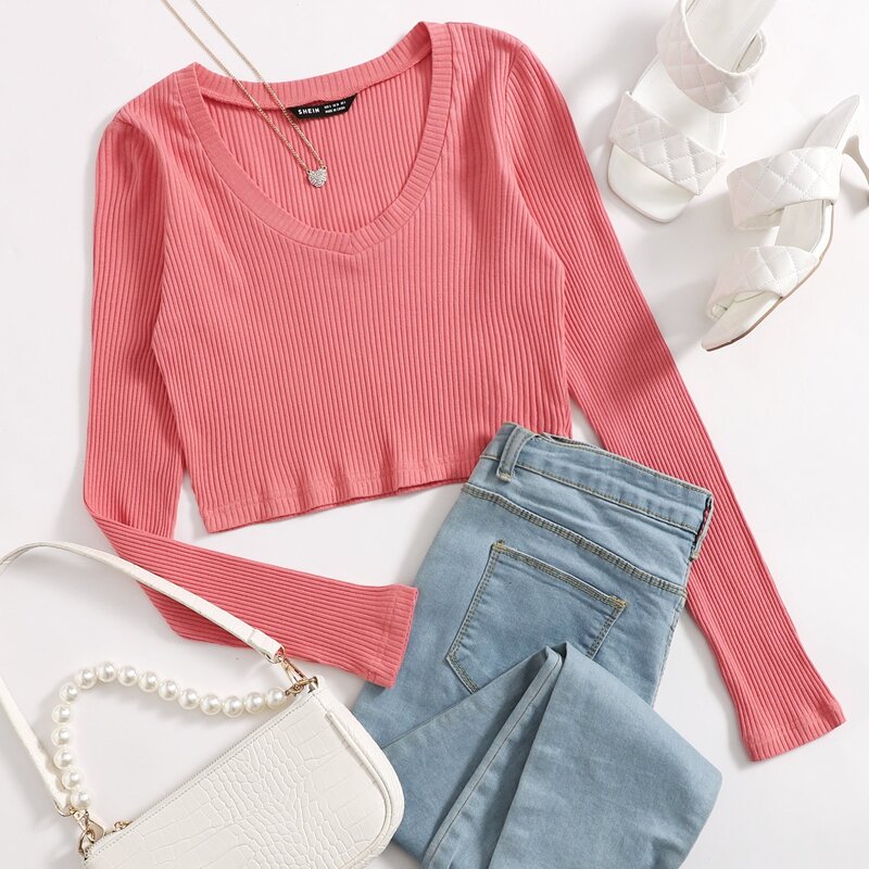 

V Neck Rib-knit Crop Top, Coral pink