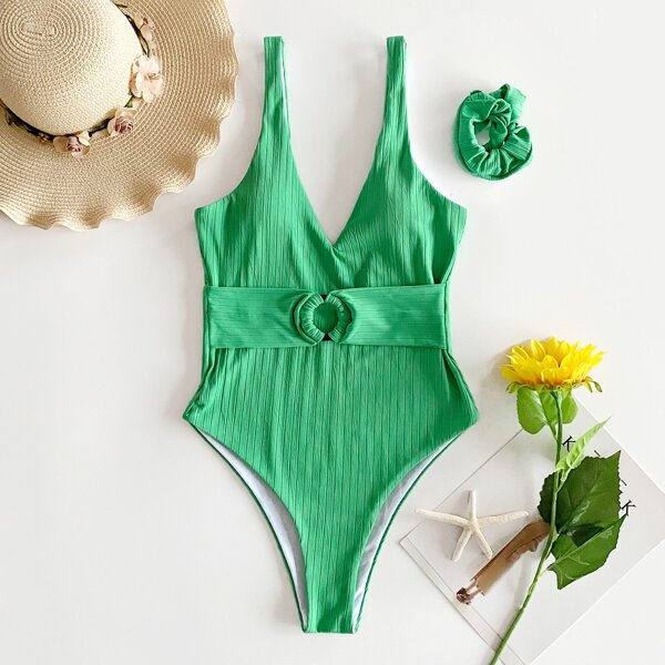 

Rib Ring Linked One Piece Swimsuit & Scrunchie, Green