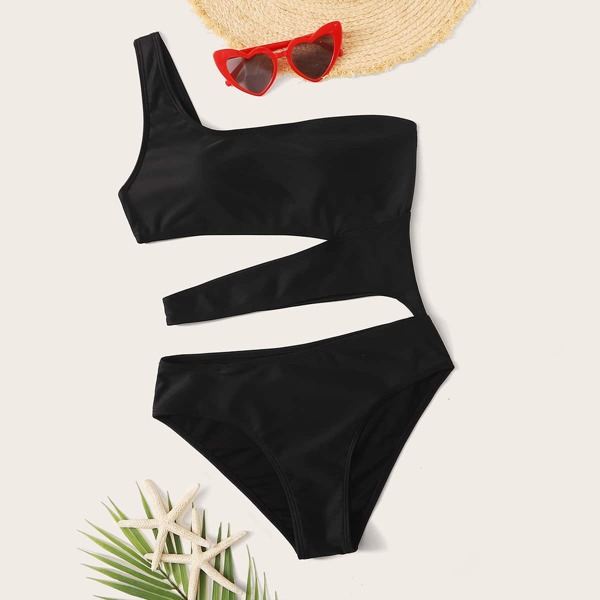 

Cut Out One Shoulder One Piece Swimsuit, Black