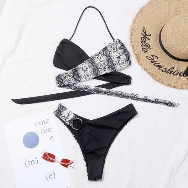

Snakeskin Print Wrap Bikini Swimsuit, Multicolor