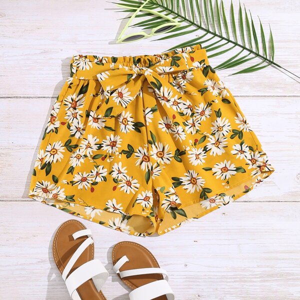 

Floral Print Belted Shorts, Yellow