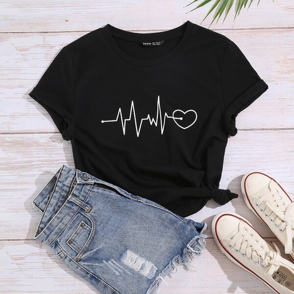 

Heart Print Crew Neck Tee, Black
