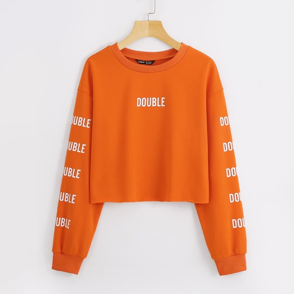 

Slogan Graphic Drop Shoulder Crop Sweatshirt, Orange
