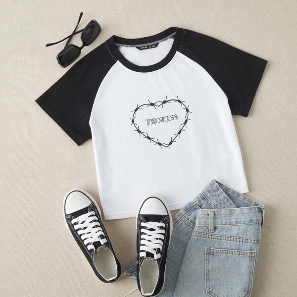 

Contrast Sleeve Heart Print Crop Tee, Black and white