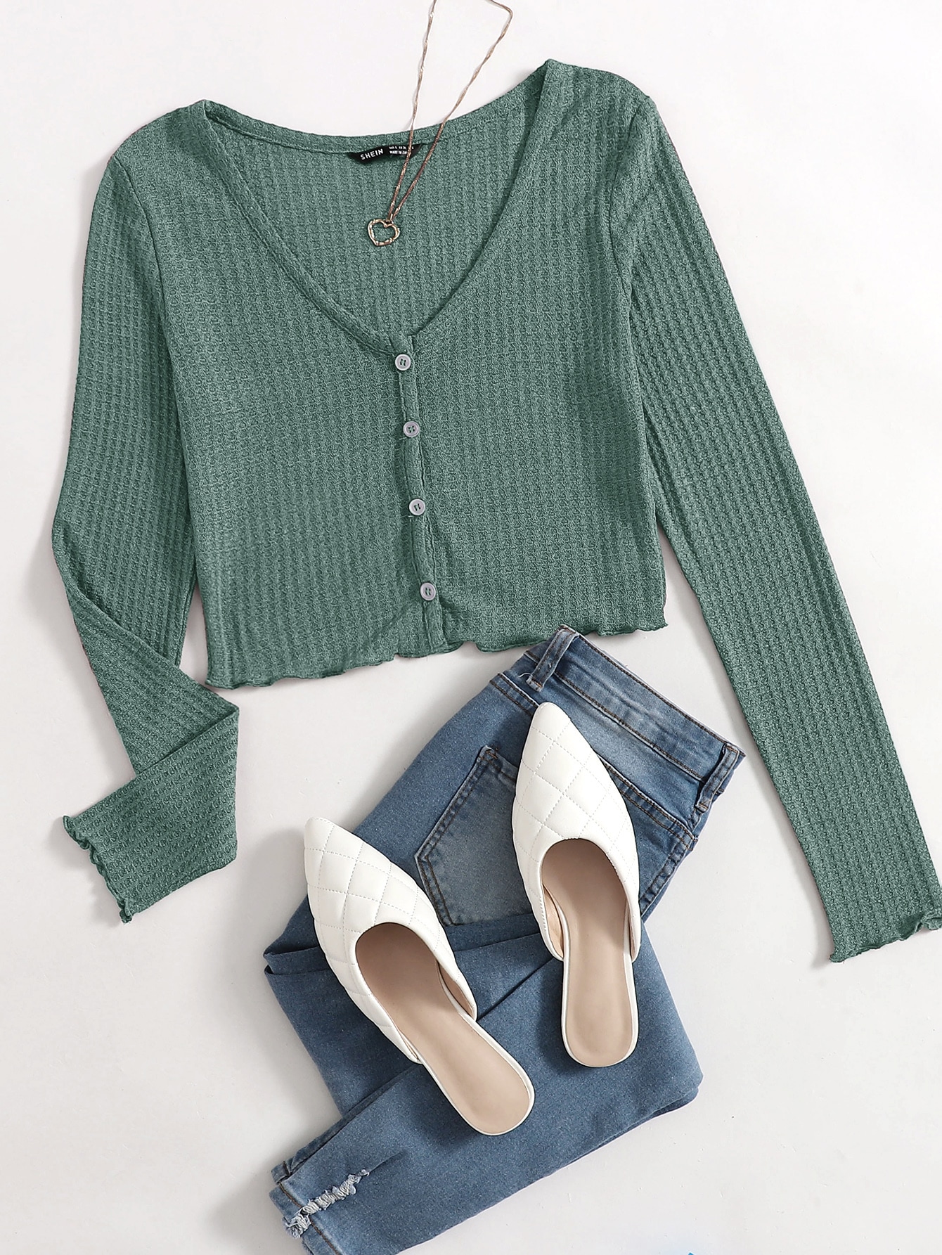 Button Front Lettuce Trim Waffle Knit Top thumbnail