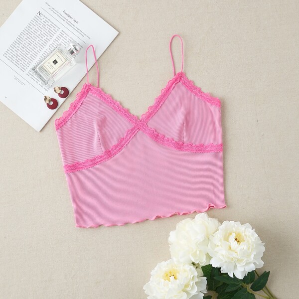 

Lace Panel Lettuce Trim Cami Top, Pink pastel