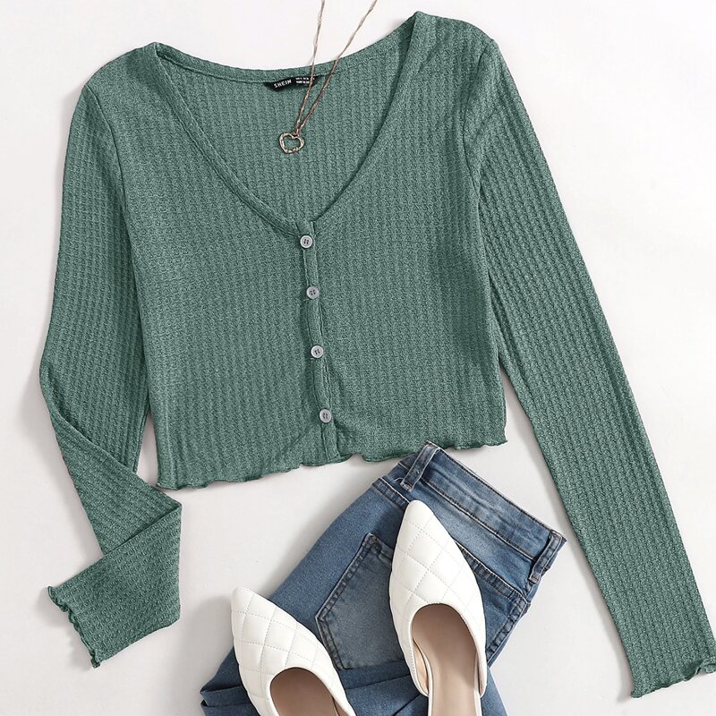

Button Front Lettuce Trim Waffle Knit Top, Green