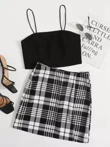 SHEIN Privé Crop Cami Top and Split Hem Skirt Set - Black and White - View 1