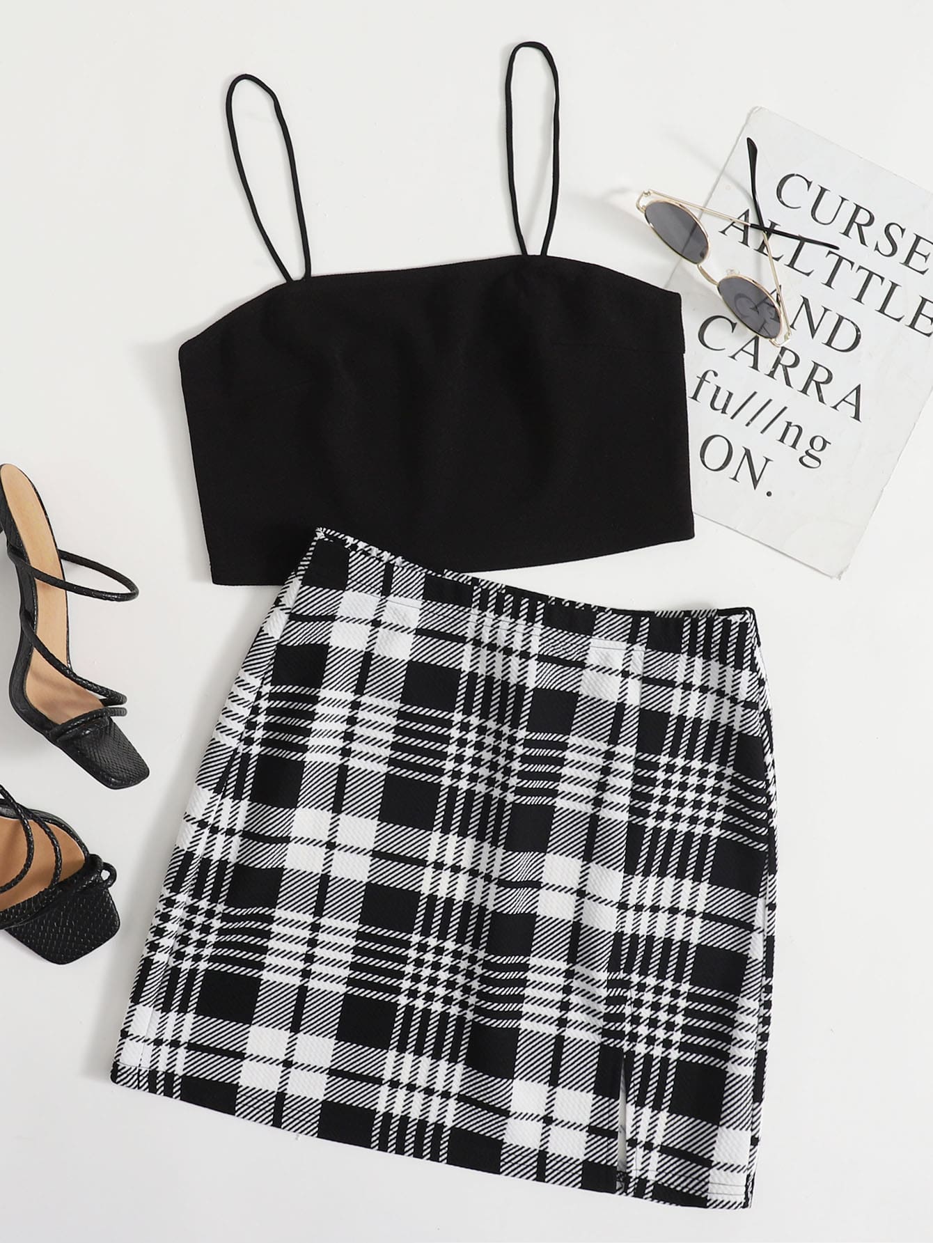 SHEIN Privé Crop Cami Top and Split Hem Skirt Set - Black and White - View 1