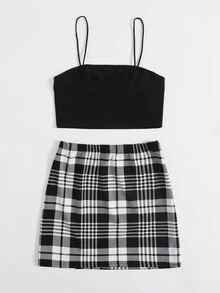 SHEIN Privé Crop Cami Top and Split Hem Skirt Set - Black and White - View 2