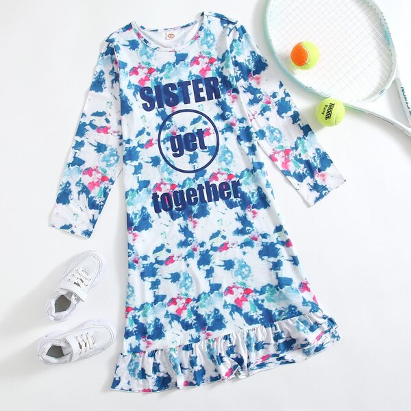 

Girls Tie Dye Letter Graphic Ruffle Hem Dress, Multicolor