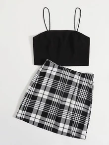 SHEIN Privé Crop Cami Top and Split Hem Skirt Set - Black and White - View 3