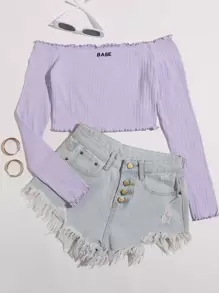 Muchica Off Shoulder Lettuce Trim Letter Embroidery Top - Lilac Purple - View 1