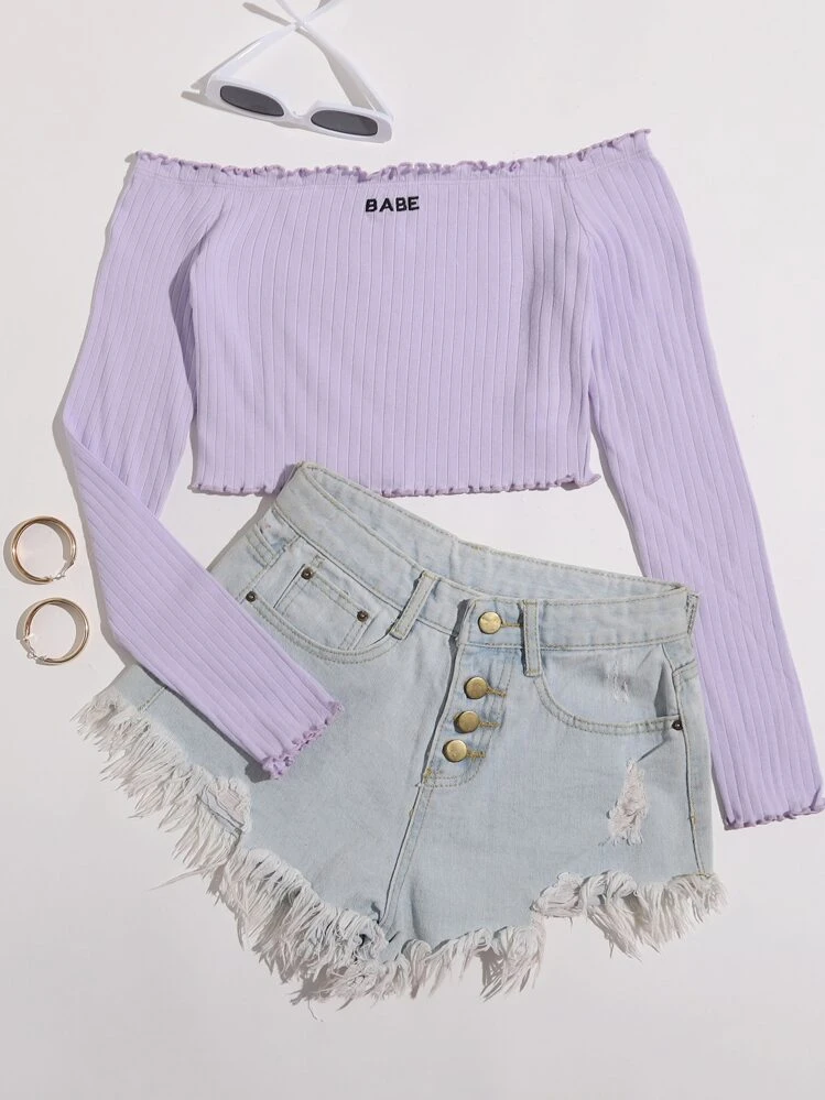 Muchica Off Shoulder Lettuce Trim Letter Embroidery Top - Lilac Purple - View 1