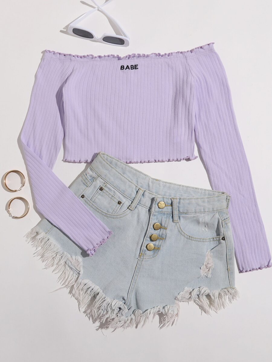Muchica Off Shoulder Lettuce Trim Letter Embroidery Top - Lilac Purple - View 1