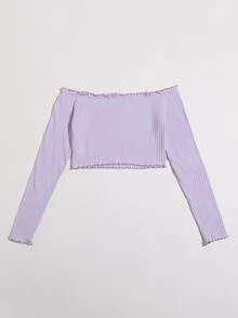 Muchica Off Shoulder Lettuce Trim Letter Embroidery Top - Lilac Purple - View 2