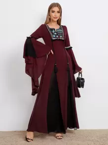SHEIN Notched Neck Embroidery Yoke Exaggerated Sleeve Godet Dress - Maroon - View 1