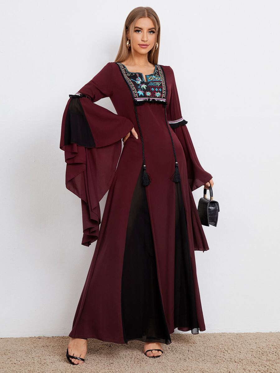 SHEIN Notched Neck Embroidery Yoke Exaggerated Sleeve Godet Dress - Maroon - View 1