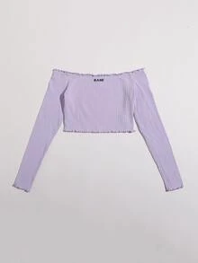 Muchica Off Shoulder Lettuce Trim Letter Embroidery Top - Lilac Purple - View 3